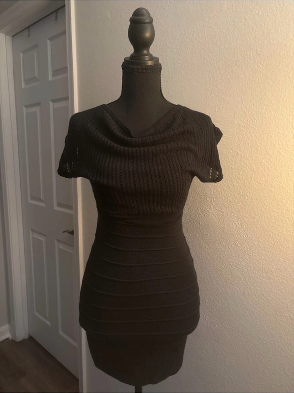 Black Cowl Neck Short Sleeve Knit Sweater Dress